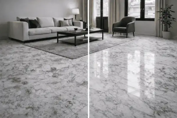 Un elegante soggiorno con un divano bianco e un tavolino, il tutto su una splendida scanalatura del marmo che riflette la luce.