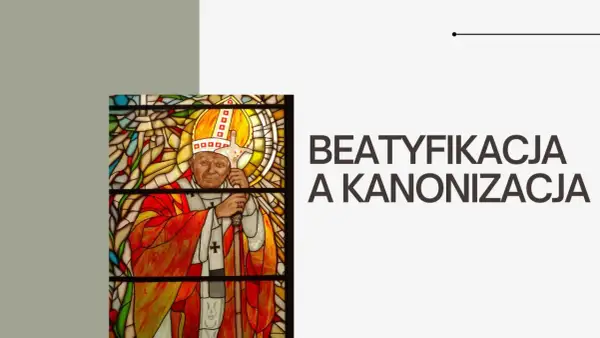 Witraż z papieżem Janem Pawłem II. Tytuł: Beatyfikacja a kanonizacja.