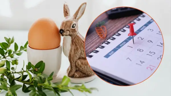 Zajączek wielkanocny i jajko obok kalendarza z pinezką na 1. dniu tygodnia. Czy poniedziałek wielkanocny jest wolny?