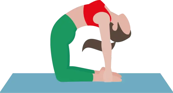 Frau in grüner Hose und rotem Oberteil in der Kamelpose, eine Übung des Kundalini Yoga.