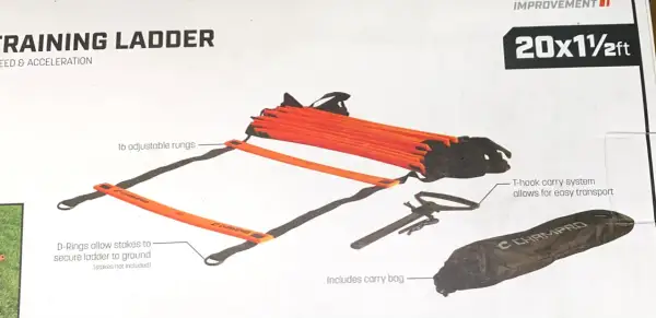 Orange agility ladder with 16 adjustable rungs, perfect for speed and acceleration drills. Includes carry bag and T-hook system.