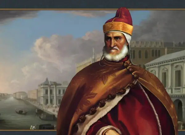 Portret doży Wenecji, idealny do Europa Universalis 4 spolszczenie. W tle wenecki kanał i budynki.