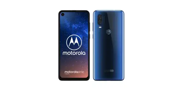 Motorola One Vision w kolorze niebieskim, z przodu i z tyłu. Wyświetlacz z motywem gwiazd i logo Motorola.