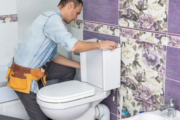 Instalator w pasie z narzędziami montuje biały stelaż podtynkowy do toalety. Łazienka ozdobiona jest fioletowymi płytkami z kwiatowym wzorem.