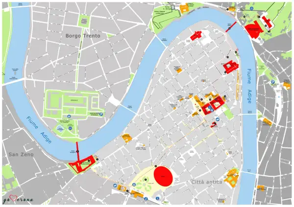 Mappa di Verona: scopri cosa vedere, dall'Arena al Ponte Pietra, passando per Castelvecchio e la Casa di Giulietta.