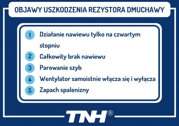 Objawy uszkodzenia rezystora dmuchawy: nawiew tylko na czwartym biegu, brak nawiewu, parowanie szyb, wentylator włącza się i wyłącza, zapach spalenizny.