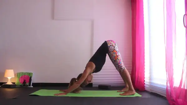Donna in posizione di Urdhva Mukha Svanasana su un tappetino verde, con leggings colorati e uno sfondo rosa.