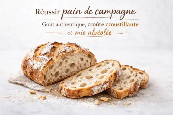 Un pain de campagne artisanal, coupé en tranches, révèle une mie alvéolée et une croûte dorée. L'art de faire du bon pain.