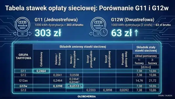 Porównanie taryf G11 i G12w: G11 kosztuje 303 zł za 1000 kWh, G12w 63 zł. Tabela stawek sieciowych.