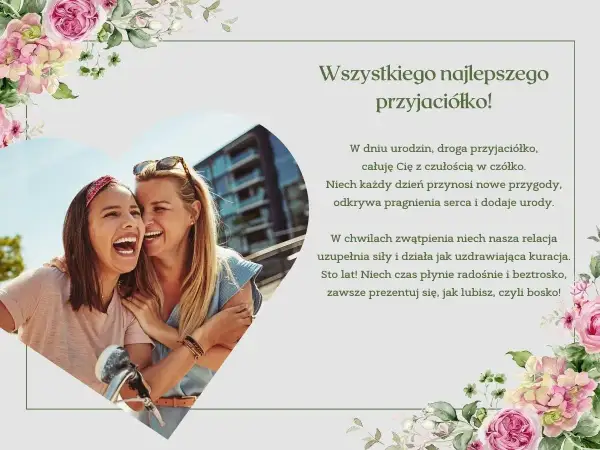 Wiersz dla najlepszej przyjaciółki: dwie uśmiechnięte kobiety, otoczone kwiatami, z życzeniami urodzinowymi.