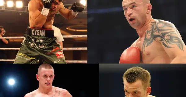 Czterech znanych polskich bokserów w akcji. Widoczni są m.in. Mariusz Wach i Krzysztof Włodarczyk.