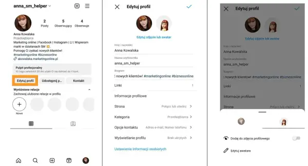 Ekran edycji profilu na Instagramie. Widzisz opcje zmiany zdjęcia, nazwy, biogramu i linków, co jest kluczowe, gdy zastanawiasz się, jak założyć Instagram.
