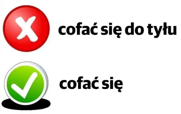 Czerwony znak "X" obok "cofa się do tyłu" to **pleonazm**. Zielony znaczek "✓" obok "cofa się" jest poprawny.