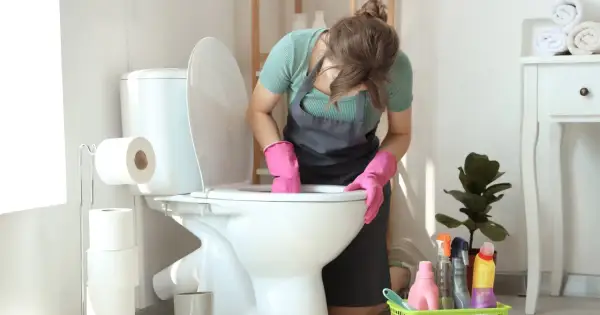 Kobieta w różowych rękawiczkach czyści toaletę, bo w łazience smierdzi. Obok stoją środki czystości i rolki papieru toaletowego.