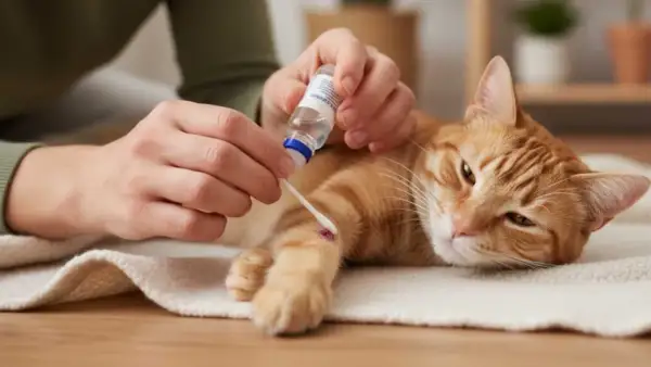 Persona aplica un antiséptico a una herida en la pata de un gato. Se observan varios tipos de heridas en gatos, y esta es una de ellas.