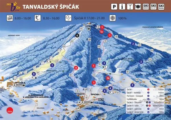 Skikarte des Spicak Skigebiet mit Pisten, Liften und Hütten. Die Karte zeigt die verschiedenen Schwierigkeitsgrade der Abfahrten.