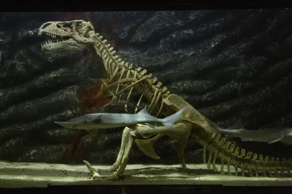 Ryba płynie obok szkieletu dinozaura w akwarium, tworząc niezwykły podwodny świat Zakopane.