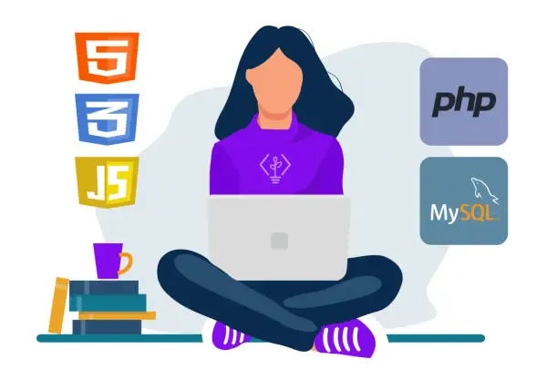 Une développeuse travaille sur son ordinateur portable, entourée des logos HTML5, CSS3, JavaScript, PHP et MySQL.