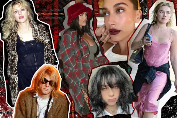 Collage of celebrities channeling 90s art styles: Courtney Love, Kurt Cobain, Megan Fox, Hailey Bieber, Florence Pugh, and Billie Eilish.