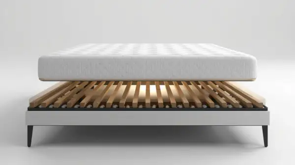 A mattress rests on a slatted bed frame, showcasing the best wood for bed slats for optimal support and breathability.