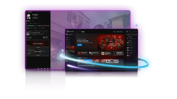 Interfejs Ubisoft Connect z grą Assassin's Creed Shadows na pierwszym planie. Widoczne menu profilu, lista znajomych i promocje.