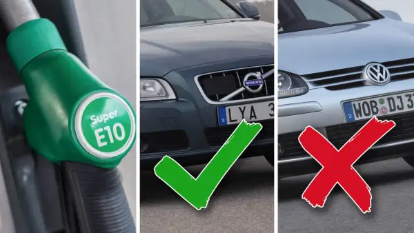Grön pump med "Super E10" och en Volvo med bock, bredvid en VW med kryss. Välj rätt bränsle för din bil, e5 e10 bensin eller diesel.