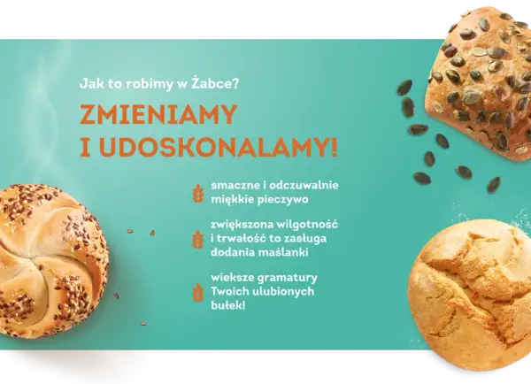 Bułki z ziarnami i dynią na tle grafiki z tekstem.