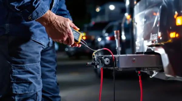 Vérification du retour de masse sur feux de remorque avec un multimètre. L'appareil indique 1.09V.