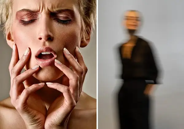 Dwie twarze: zbliżenie na usta i dłonie modelki, obok rozmyta postać. Podstawowe zasady fotografii portretowej.