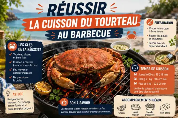Un tourteau cuit au barbecue, avec des conseils pour réussir sa cuisson. Le texte indique "La cuisson du tourteau au barbecue".