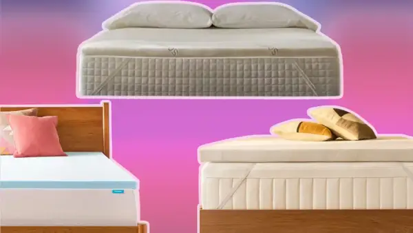 Exploring different types of mattress toppers: a plush white one with pillows, a blue one on a wooden bed, and a cream-colored one with decorative pillows.
