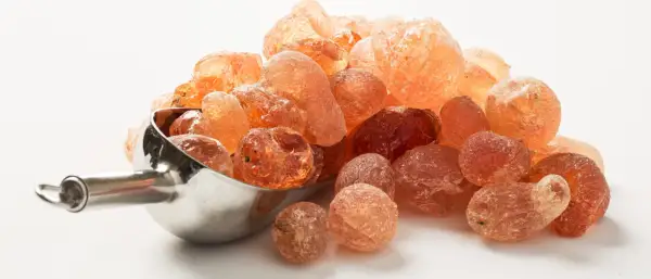 Grains ambrés de gomme arabique dans une cuillère métallique. Qu'est-ce que la gomme arabique ? Une résine naturelle aux multiples usages.