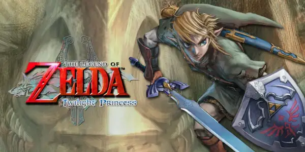 Link z mieczem i tarczą, gotowy do walki w grze The Legend of Zelda: Twilight Princess na Switch.