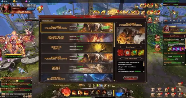 W grze League of Angels trwa wydarzenie "Alliance Forbidden Territory". Gracze walczą o terytoria, a w tle widać potężnego anioła.