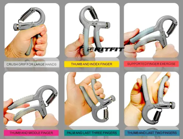 See how hand grippers work with different grips: crush, thumb & index, supported finger, thumb & middle, palm & last three, and thumb & last two fingers.