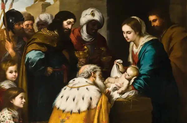 Obraz trzech króli przy żłóbku. Mędrcy w bogatych szatach składają dary Dzieciątku Jezus, któremu towarzyszy Maryja.