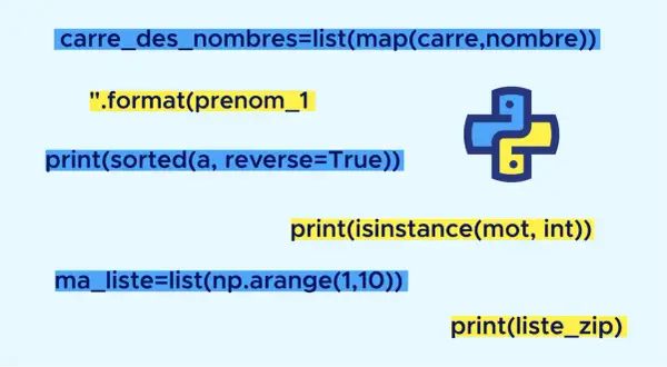 Code Python montrant l'utilisation de `map` pour créer une liste de carrés, trier une liste, et vérifier des types. Le logo Python est présent.