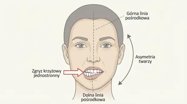 Ilustracja twarzy z zaznaczoną asymetrią i zgryzem krzyżowym jednostronnym. Widoczna jest nierówność dolnej części twarzy, wskazująca na problem z żuchwą.