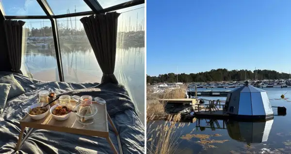 Sov gott i en glaskupol med frukostbricka och utsikt över båtar vid Gräddö camping.