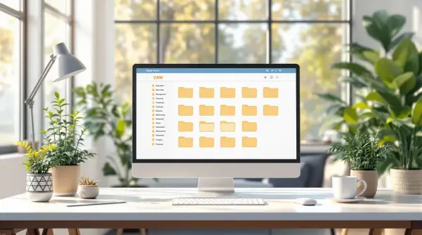 A computer screen displays a digital asset management (DAM) interface, showcasing a well-organized digital asset management folder structure with various categorized folders.