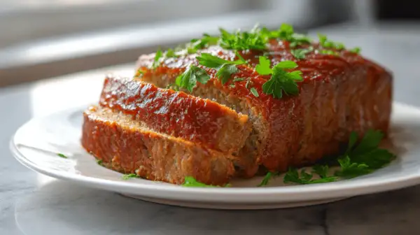 Saftiger hackbraten im airfryer, glasiert mit Tomatensauce und garniert mit Petersilie. Perfekt für ein schnelles Abendessen.