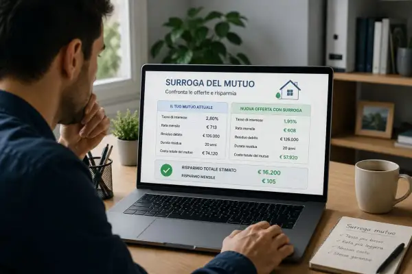 Uomo valuta su laptop la surroga mutuo dopo 6 mesi, confrontando offerte per risparmiare sulla rata mensile e sul costo totale.