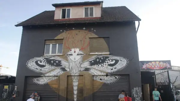 Großes Insekt-Graffiti an Hauswand in Heilbronn. Emma 23 Bar im Hintergrund.
