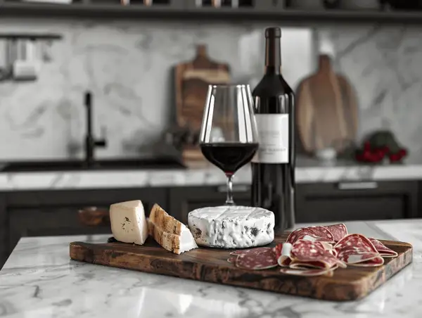 En flaska rött vin, ett glas vin och en ostbricka med brieost, salami och bröd. Perfekt för en mysig kväll.