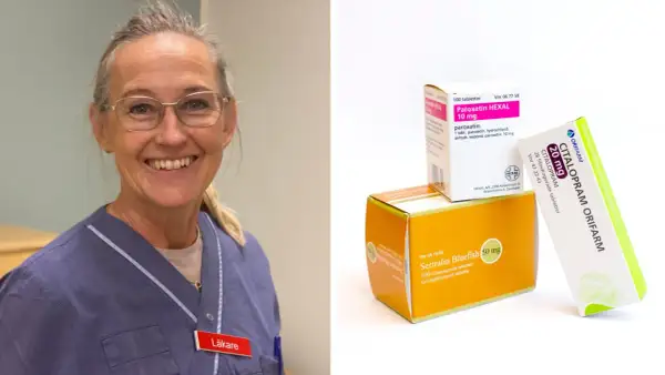 Läkare ler bredvid förpackningar med sertralin och citalopram. Skillnaden mellan sertralin och citalopram är viktig för rätt behandling.