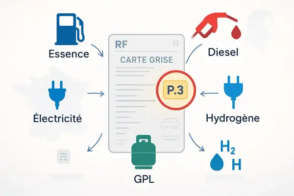 La carte grise indique le type de carburant : essence, diesel, GPL, électricité, hydrogène.