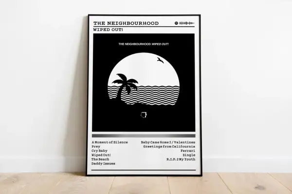 Plakat z okładką albumu "Wiped Out!" zespołu The Neighbourhood. Czarno-biała grafika przedstawia palmę na tle fal i słońca.