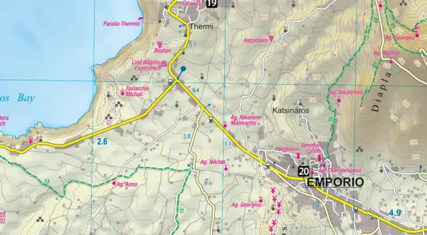 Santorini plan zwiedzania: mapa z zaznaczonymi drogami, kościołami (Ag. Nikitas, Ag. Anna) i miejscowościami (Emporio, Nimborio).