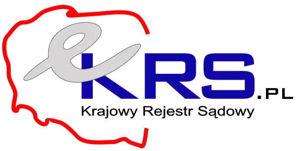 Logo KRS - Krajowy Rejestr Sądowy. Czerwony zarys Polski, szara litera "e" i niebieskie litery "KRS".
