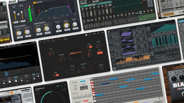 A collage of digital audio workstation interfaces, showcasing various free synth plugins and effects.